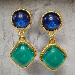 18k Matte Gold Plated Hammered Royal Blue Teal Cabochon Drop Dangle Earrings
